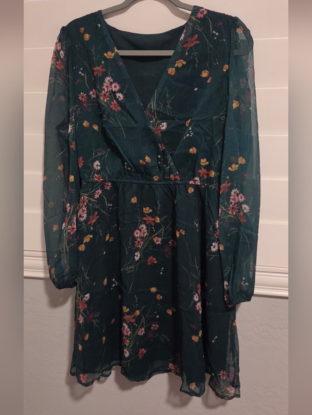 Cupshe Teal Floral Wrap Dress with Long Sheer Sleeves